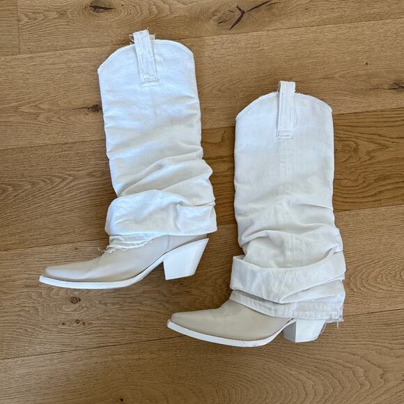 R13 Mid Cowboy Boots Denim Sleeve Size EU37 White - Picture 1 of 10